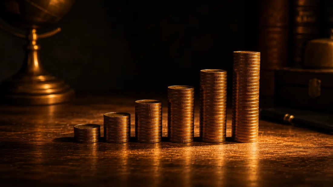 Gold coins stacked in graduated columns on a warm wooden surface with amber light, representing wealth built through patience