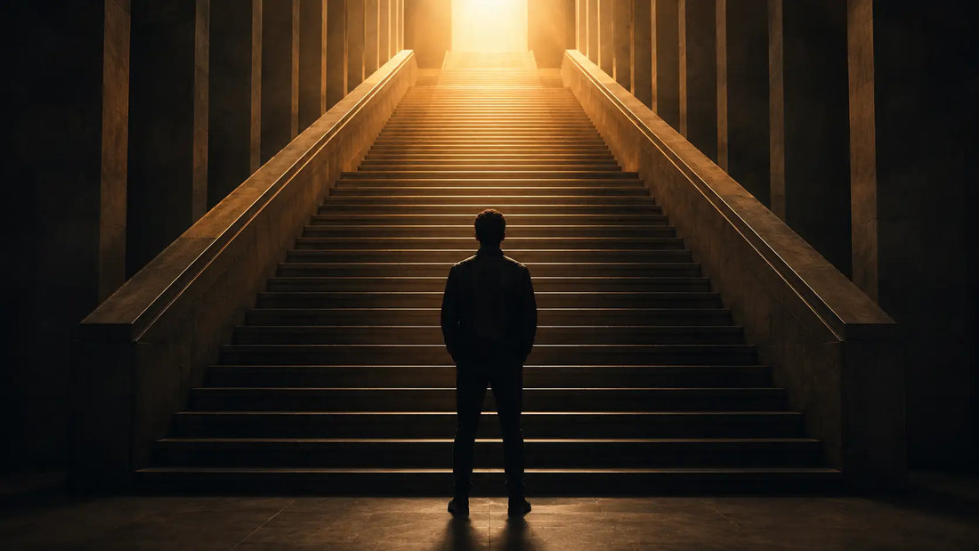 A person standing at the bottom of a modern staircase looking up with confident open posture, symbolising the career psychology principles of self-efficacy and growth mindset in professional advancement