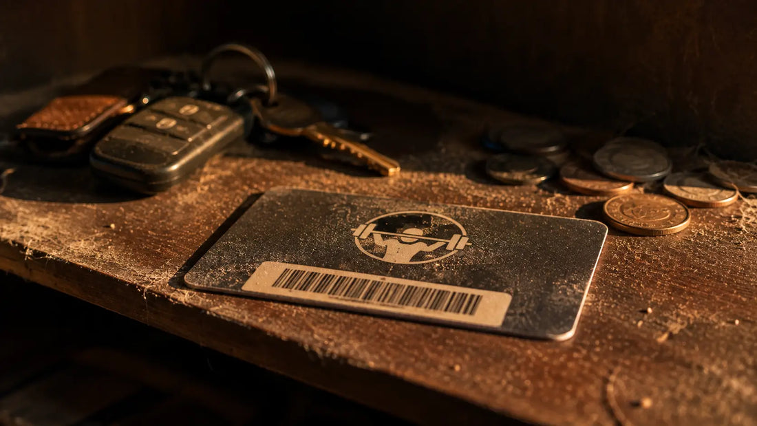A gym membership card lying forgotten on a dusty shelf beside car keys and loose change, a thin layer of dust visible on the card surface