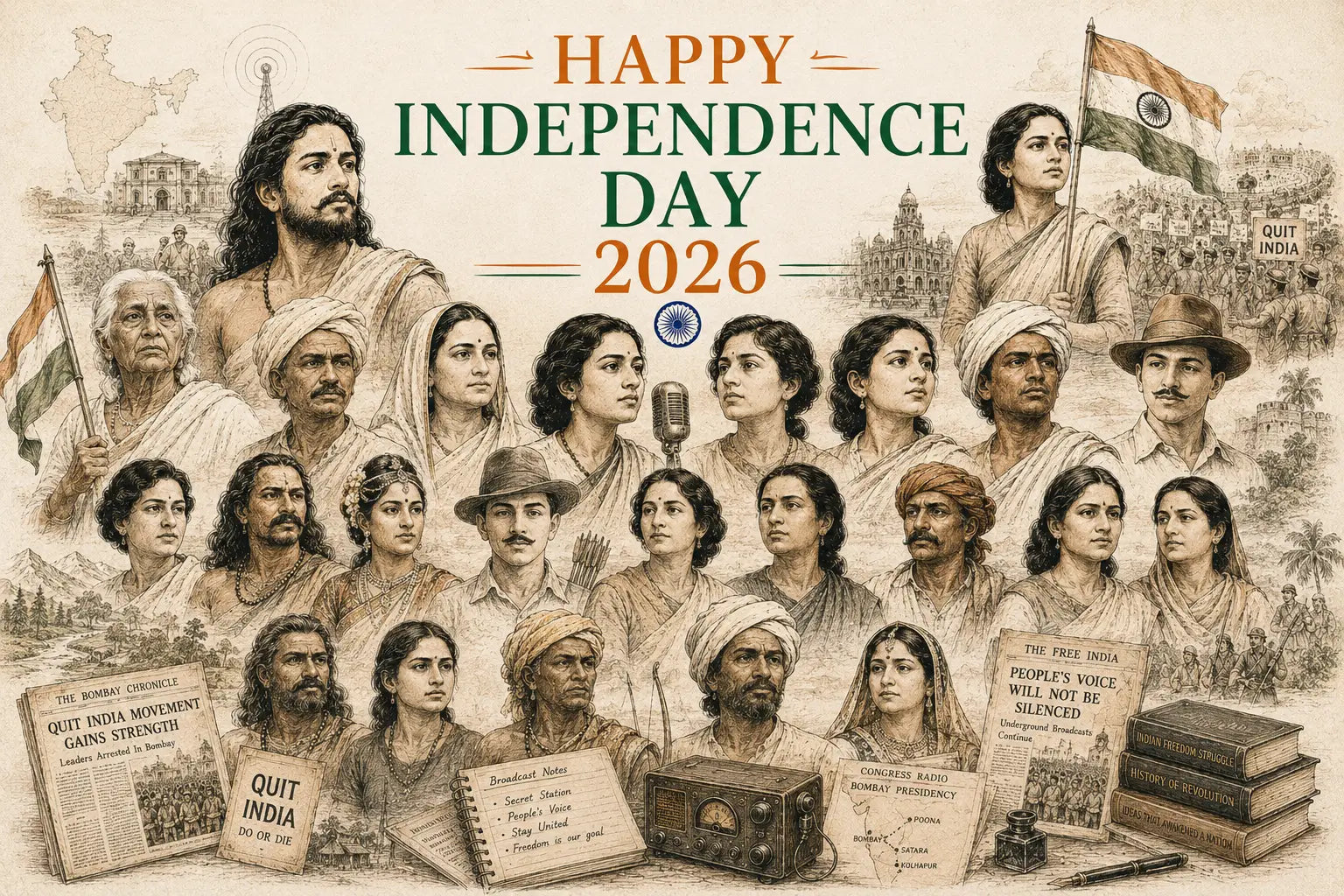 Independence Day 2026 tribute featuring 26 unsung Indian freedom fighters in a vintage historical illustration with the Indian Tricolour and freedom struggle symbols. Presented by Thunder Motivation.