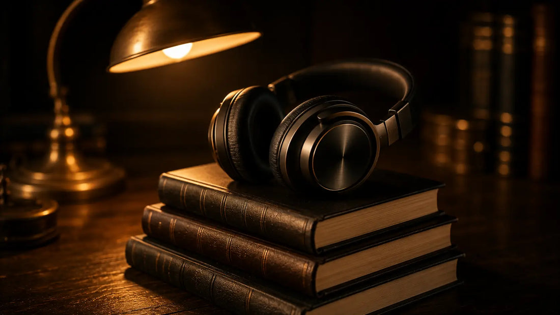 Headphones resting on a stack of books beside a warm desk lamp, representing the best self-improvement podcasts