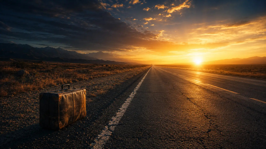 A long empty road stretching toward a golden sunrise horizon, symbolising starting over in life at any age