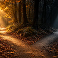 Two paths diverge in a forest — one bathed in warm natural sunlight, the other lit by a harsh artificial spotlight — two different sources of drive.