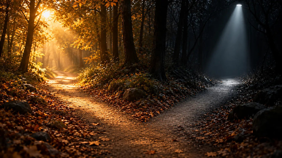 Two paths diverge in a forest — one bathed in warm natural sunlight, the other lit by a harsh artificial spotlight — two different sources of drive.