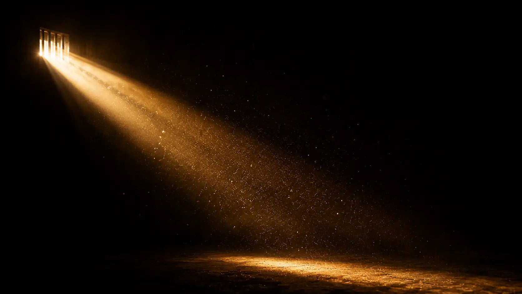 A single beam of light cuts through a dark room, illuminating dust particles — one stream of attention cutting through noise.