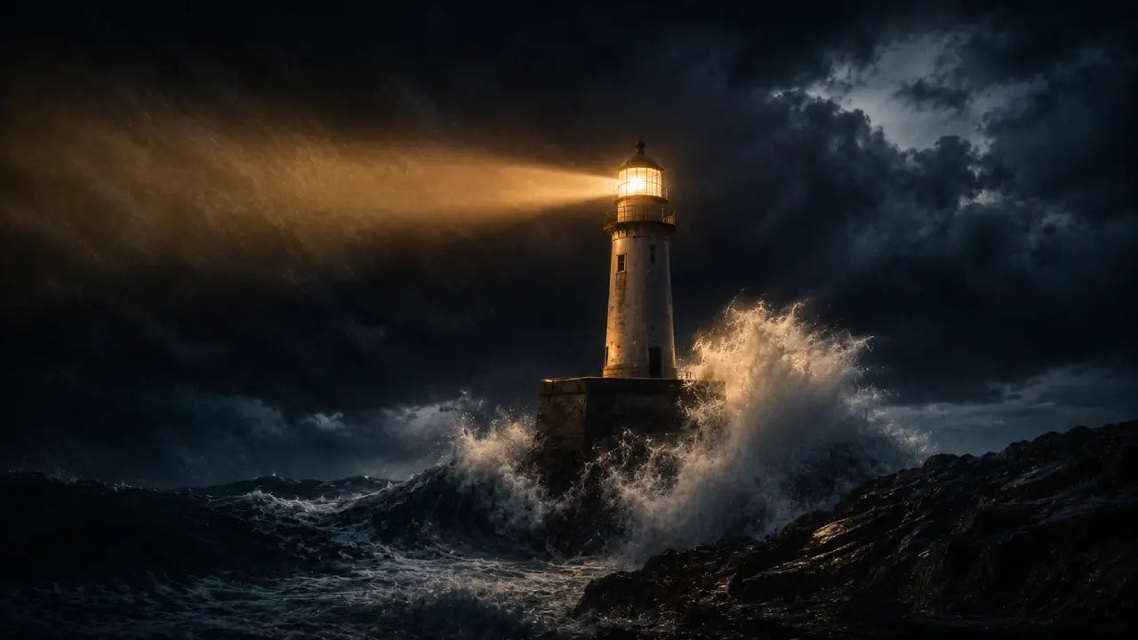 A lighthouse standing firm in a violent storm with massive dark waves crashing around its base and a single warm beam of light cutting through the sky