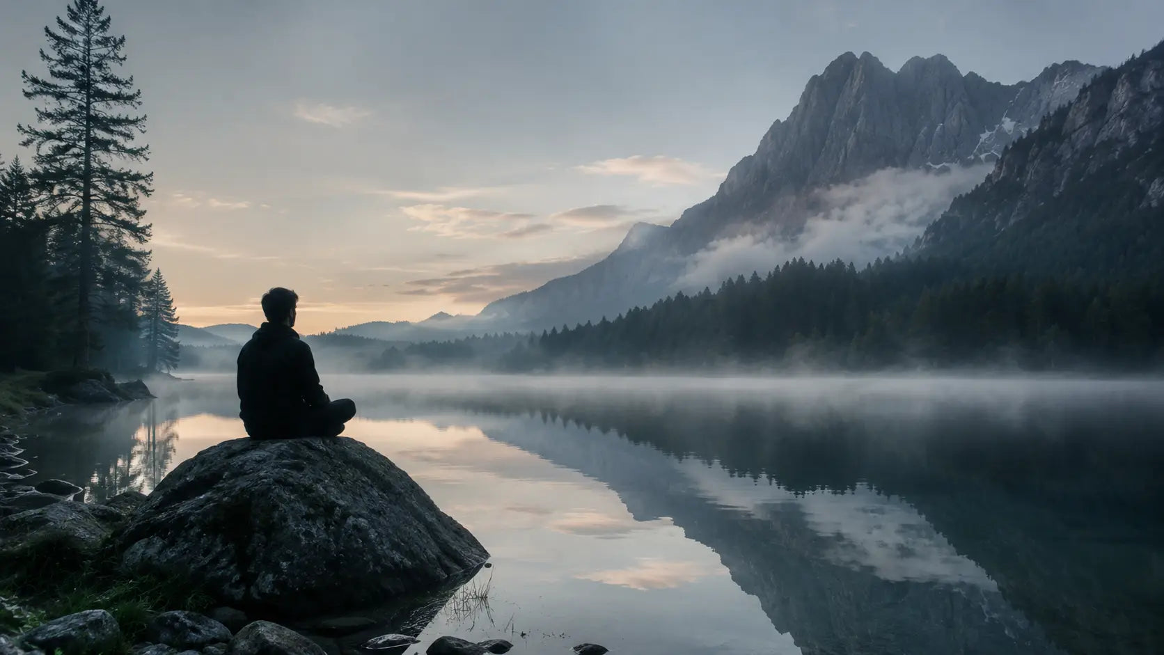 A person sits perfectly still on a rock beside a misty calm lake at dawn — the active practice of patience in a world that demands constant movement.