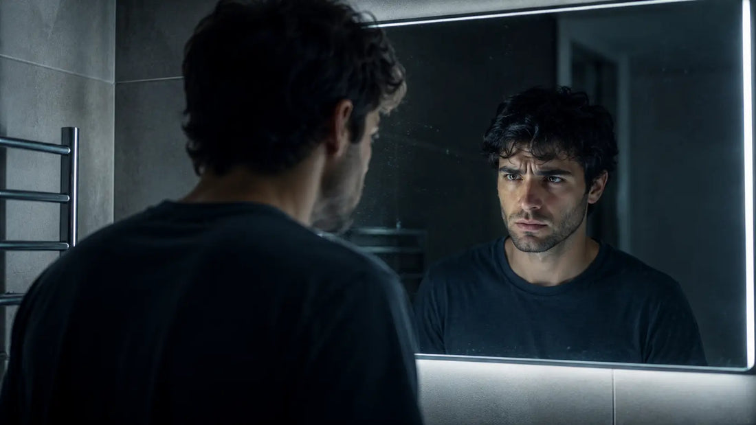 A person standing before a bathroom mirror, their face calm and composed, but the reflection in the mirror wearing a subtly different and more unsettled expression — representing the intrusive thought as something that does not match who you actually are