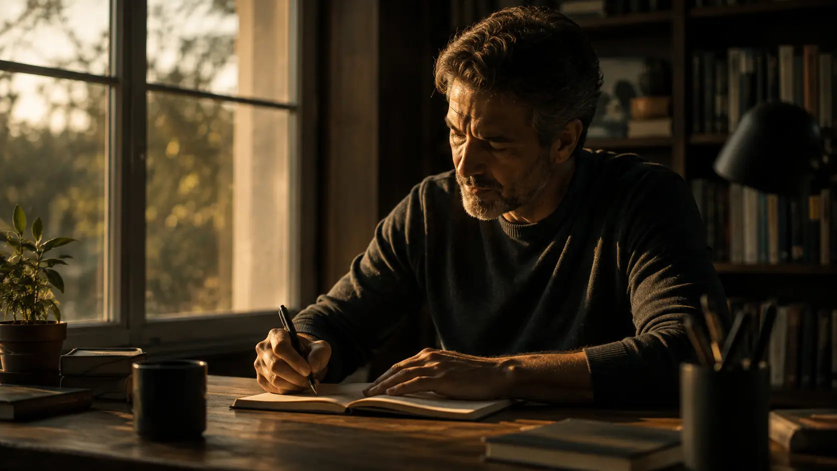 A mature person writes purposefully at a wooden desk bathed in warm golden window light — the quiet image of someone still building something great