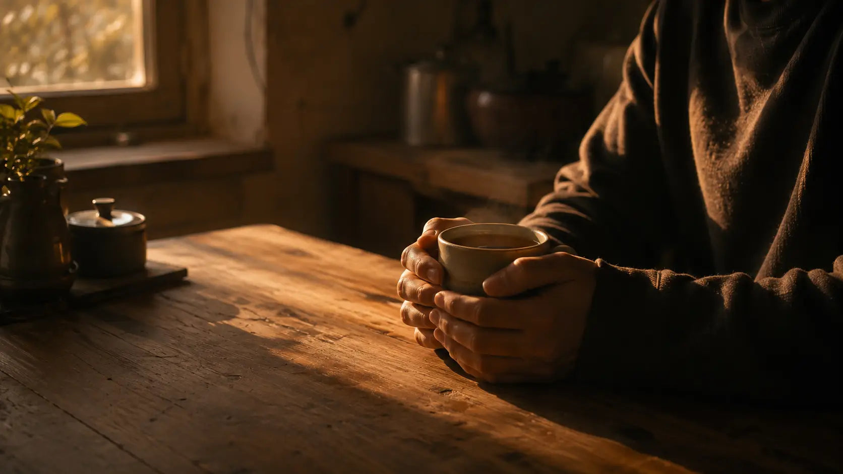 A person sitting peacefully at a simple kitchen table with a cup of tea and warm morning light, representing the research finding that sufficiency rather than excess produces the most durable wellbeing