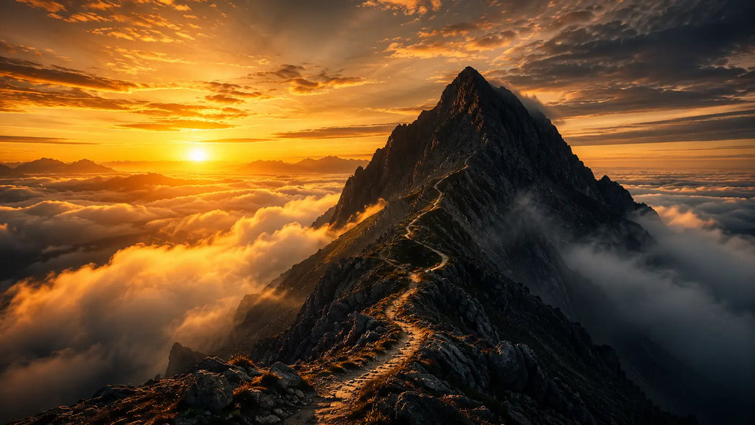 A summit of a mountain bathed in golden sunrise light with a trail winding upward, representing the journey of redefining what success actually means