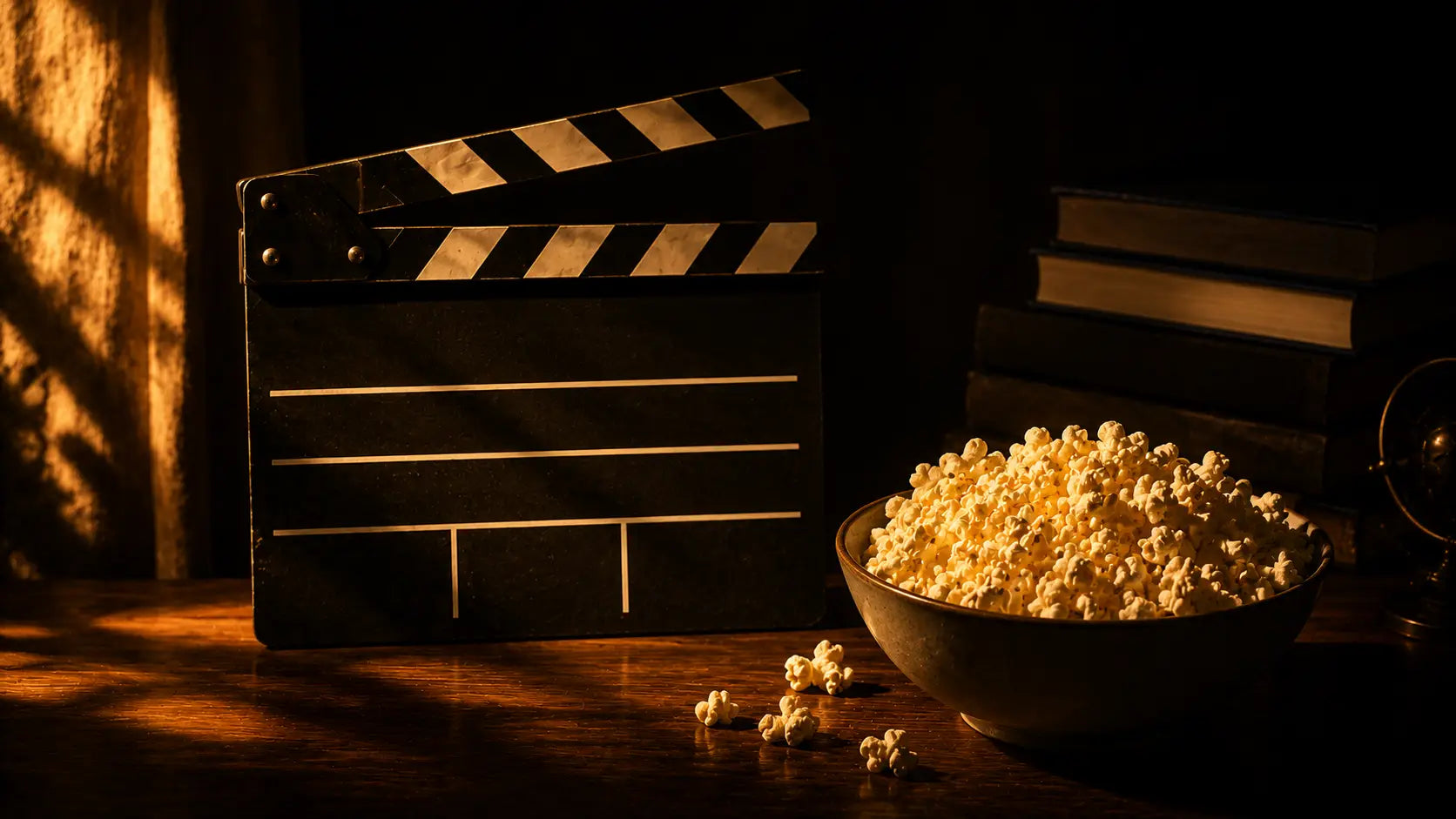 A movie clapperboard and popcorn on a warm wooden surface with golden ambient light, representing Indian films that teach business