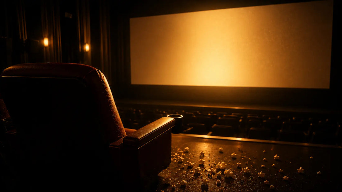 A dark cinema screen glowing with warm golden light, representing motivational movies that change your life