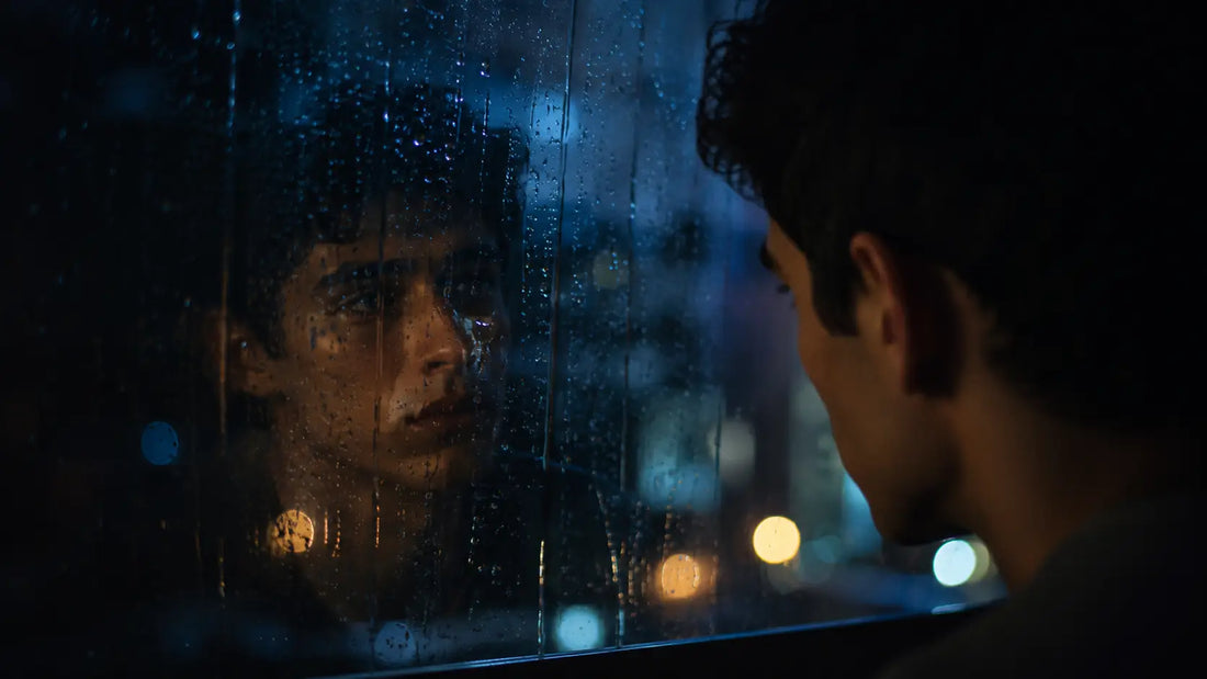 A person looking at their own reflection in a rain-streaked window at night, the reflection distorted by water droplets running down the glass