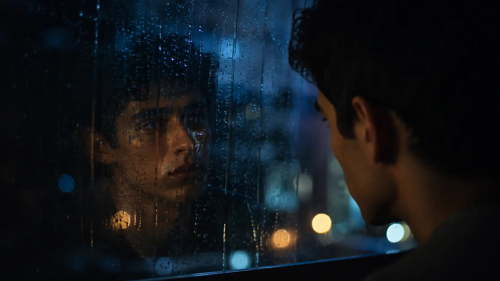 A person looking at their own reflection in a rain-streaked window at night, the reflection distorted by water droplets running down the glass