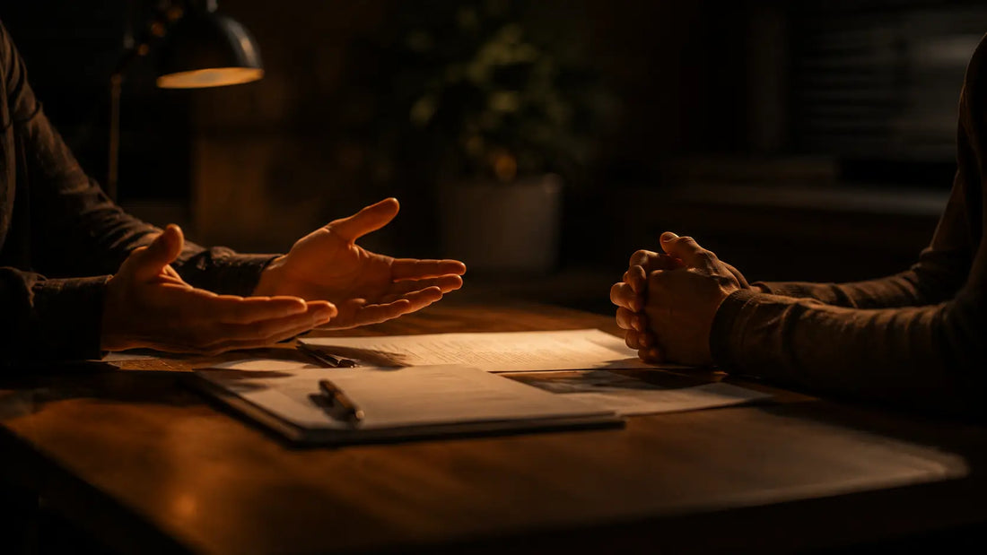 Two hands across a table one presenting and one considering, with papers between them, symbolising a principled negotiation focused on interests rather than positional demands