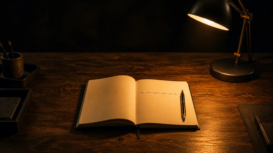 A clean desk with a single open notebook and one task written on it, symbolising essentialism and focused productivity