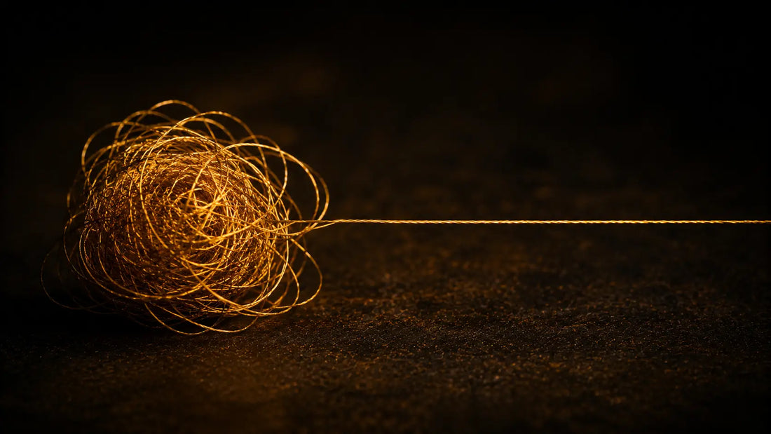 A tangled golden thread on a dark background symbolising the mental loops of overthinking
