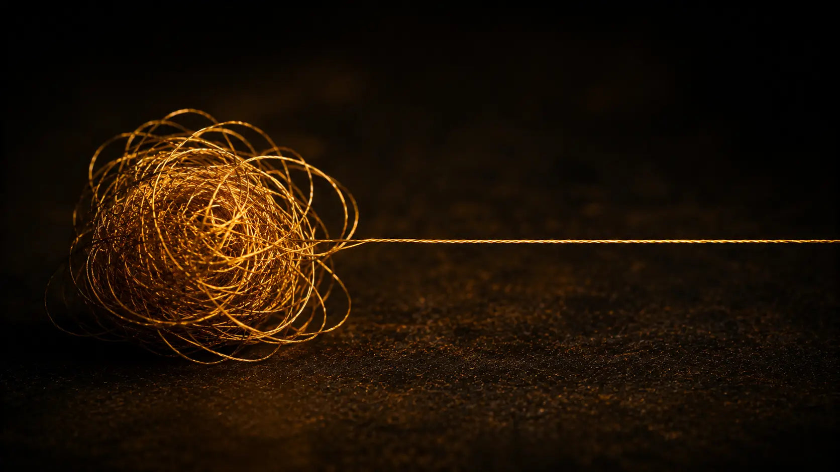 A tangled golden thread on a dark background symbolising the mental loops of overthinking
