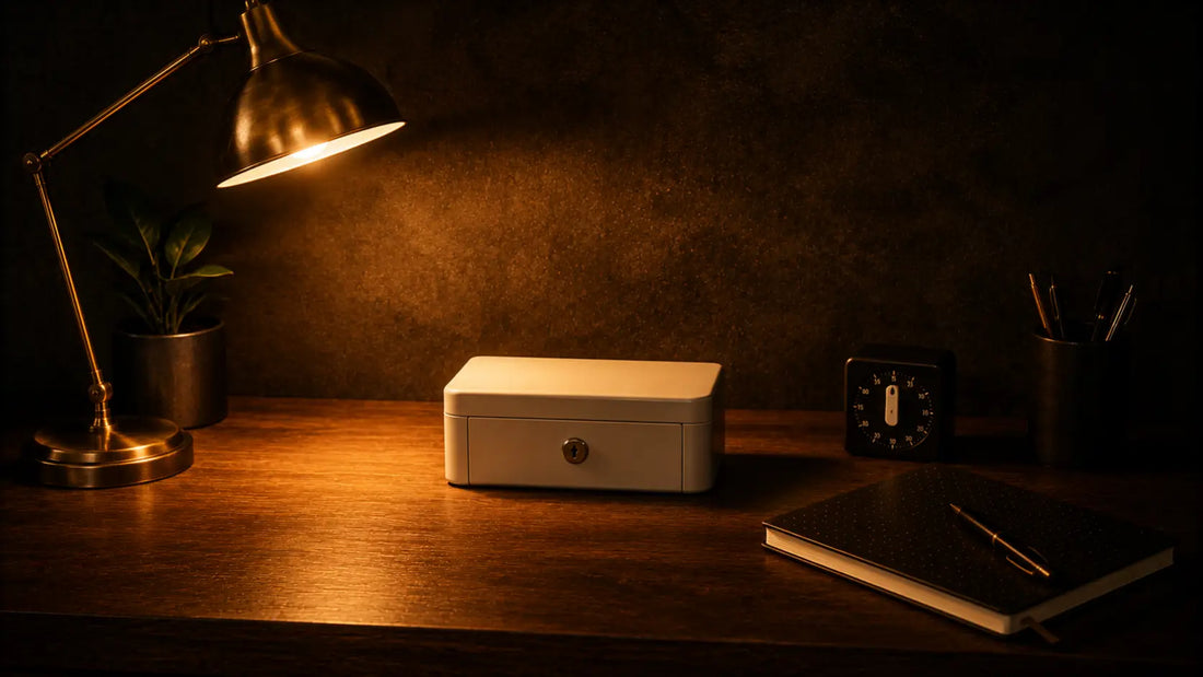 A clean minimalist desk with a warm lamp, journal, and locked phone box, representing the best affordable desk setup for deep focus