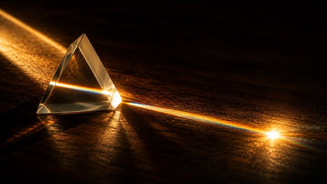 A single beam of sunlight focused through a glass prism into a precise point of brilliant white light on a dark surface, representing the power of concentrated focused attention