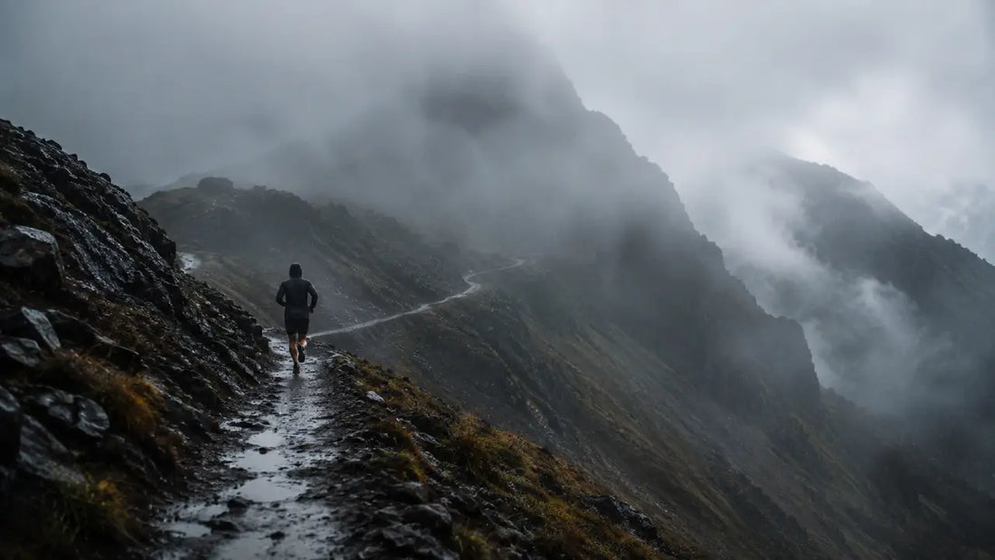 A lone runner continuing steadily on a narrow mountain trail in fog and rain with no visible finish line, symbolising grit as sustained effort through adversity toward a long-term goal