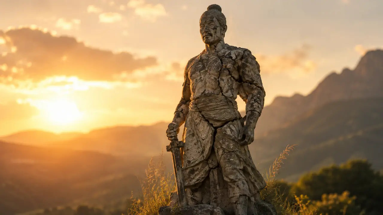 A cracked ancient stone warrior statue stands upright in warm morning light — marked by damage and time, but still standing, still facing forward.
