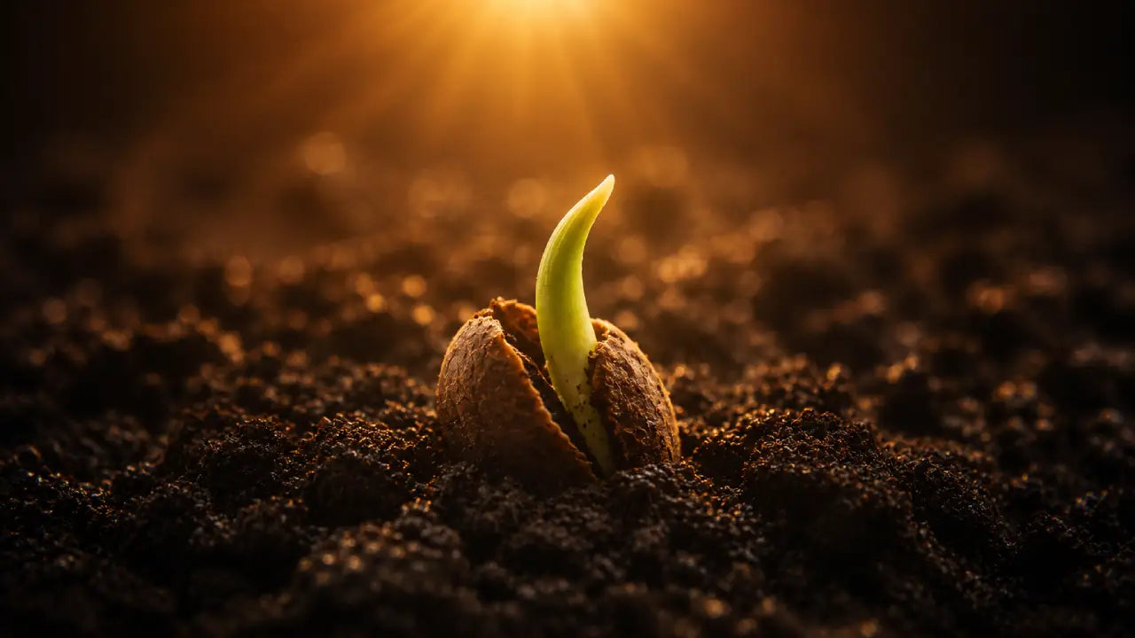 A seed splitting open in dark soil with the first green shoot emerging toward sunlight, representing the growth mindset belief that capability grows through effort and time