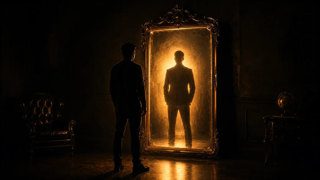 A mirror reflecting a stronger golden silhouette than the figure standing before it, symbolising the gap between self-image and potential