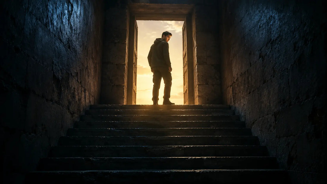 A person frozen mid-stride at the top of a long stone staircase, one foot on the final step, looking back down over their shoulder at where they came from instead of forward through the open doorway ahead — the self-sabotage
