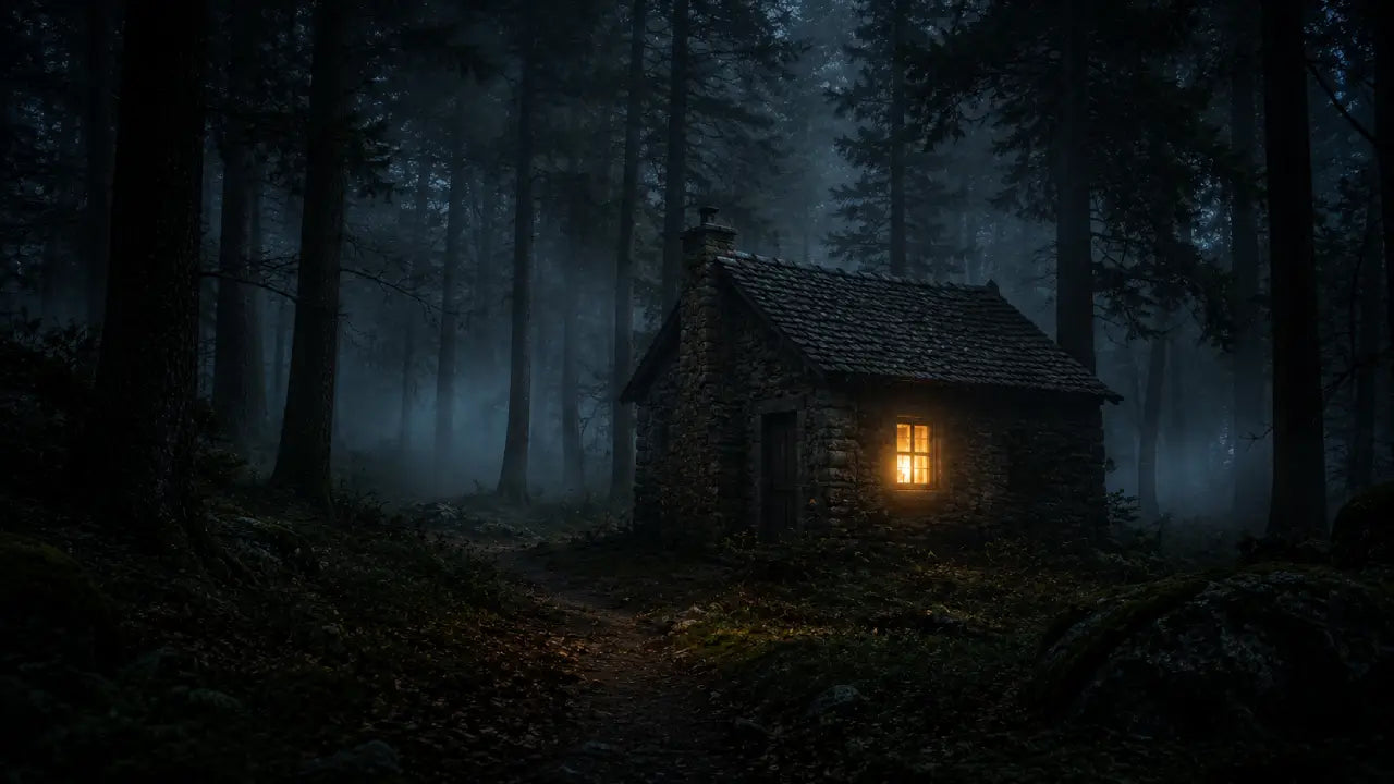 A stone cottage with a single lit window in a dark misty forest at dusk, symbolising the protective isolation that deep work requires