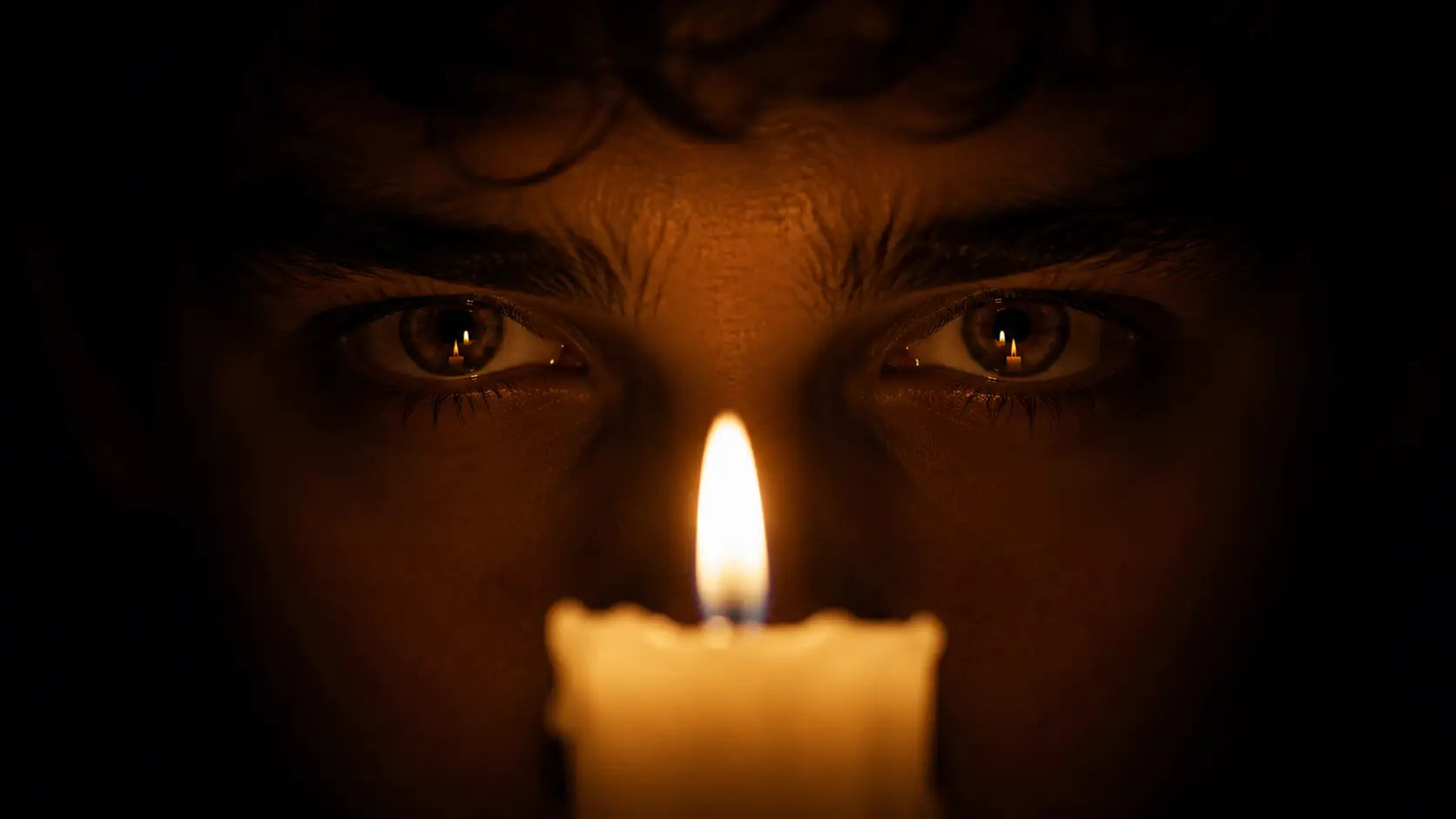 A single candle flame glows in a dark room, its warm light reflected in a pair of eyes barely visible in the darkness — inner fire that won't go out.