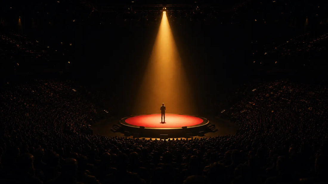 A glowing red TED-style circular stage with a lone speaker silhouette