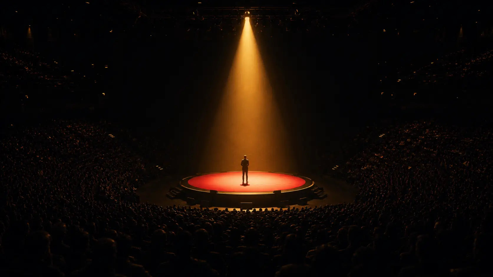 A glowing red TED-style circular stage with a lone speaker silhouette