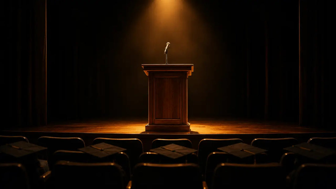 An empty graduation podium with a single microphone under warm golden stage lighting, representing overlooked commencement speeches