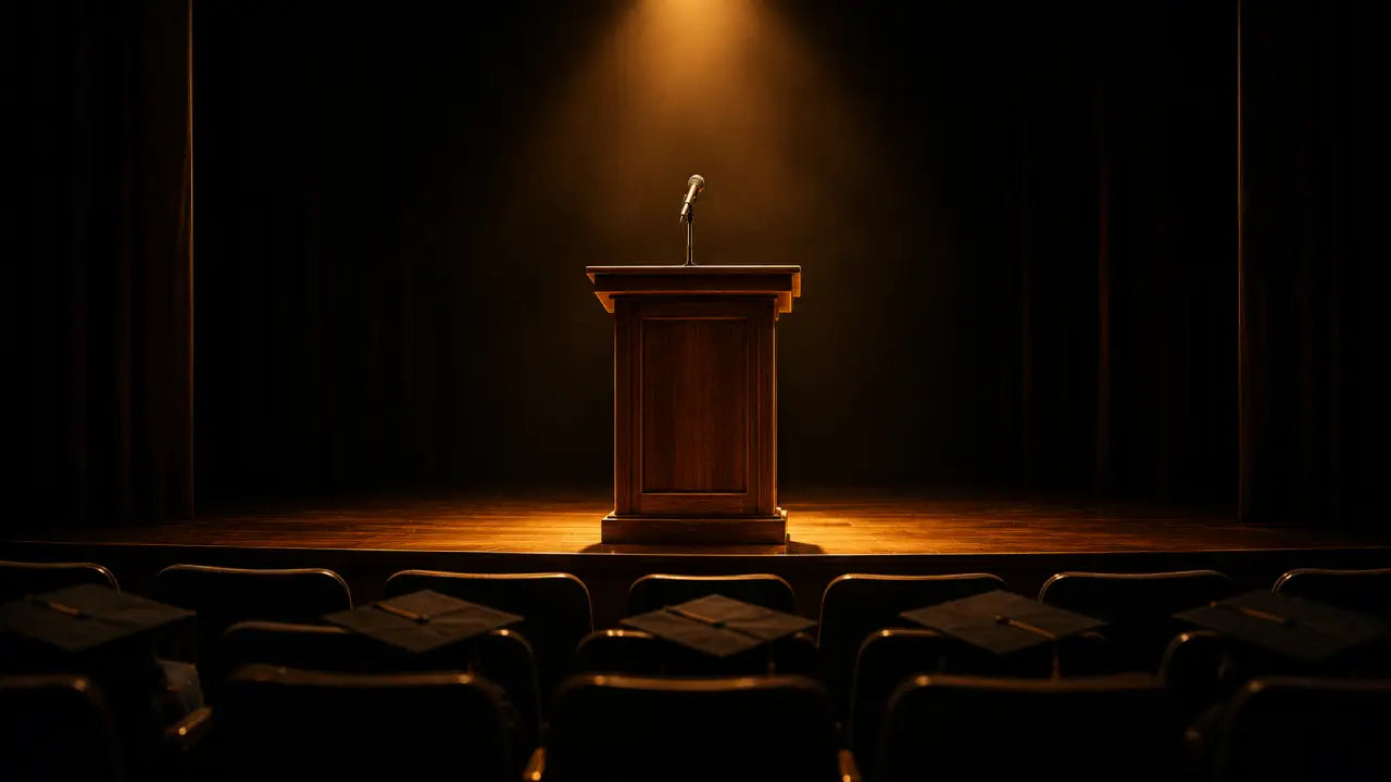 An empty graduation podium with a single microphone under warm golden stage lighting, representing overlooked commencement speeches