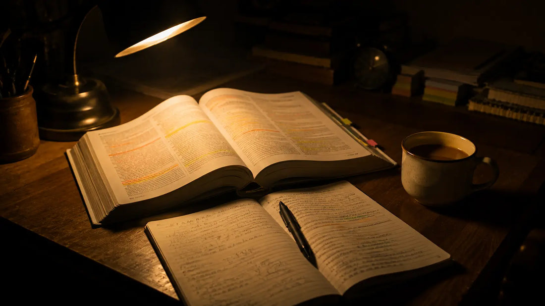 An open textbook and a notebook with handwritten notes lying on a wooden desk beside a warm desk lamp and a cup of tea, late-night study atmosphere
