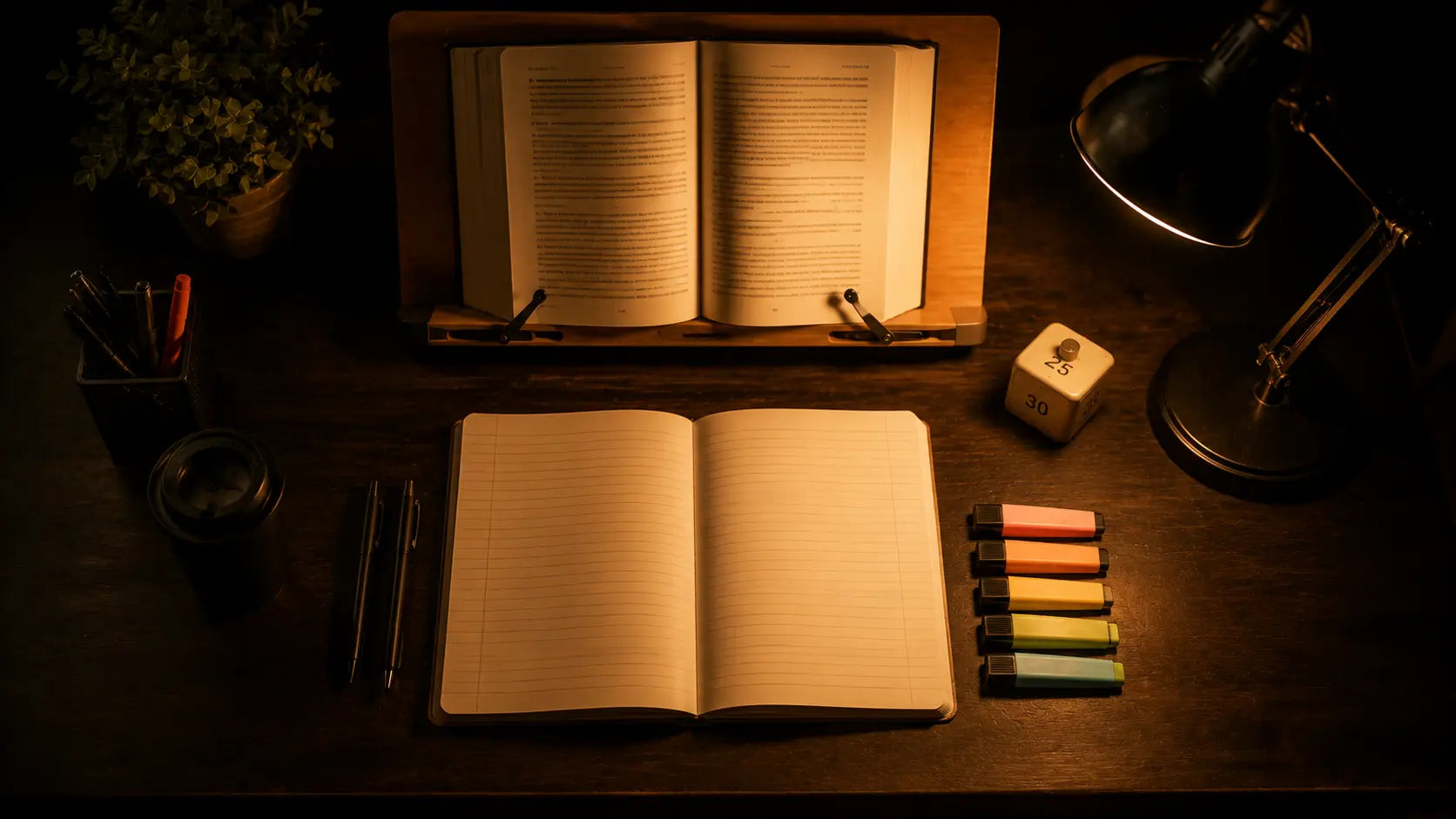 A clean student desk with an open notebook, highlighters, a book stand, and a warm desk lamp, representing essential study tools