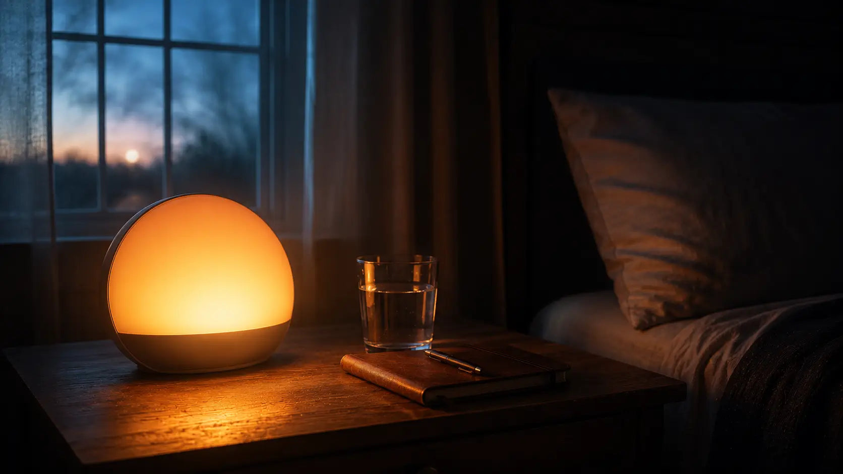 A bedside table at dawn with a sunrise alarm clock glowing warm orange, a glass of water, and a small journal, representing an optimised morning routine setup