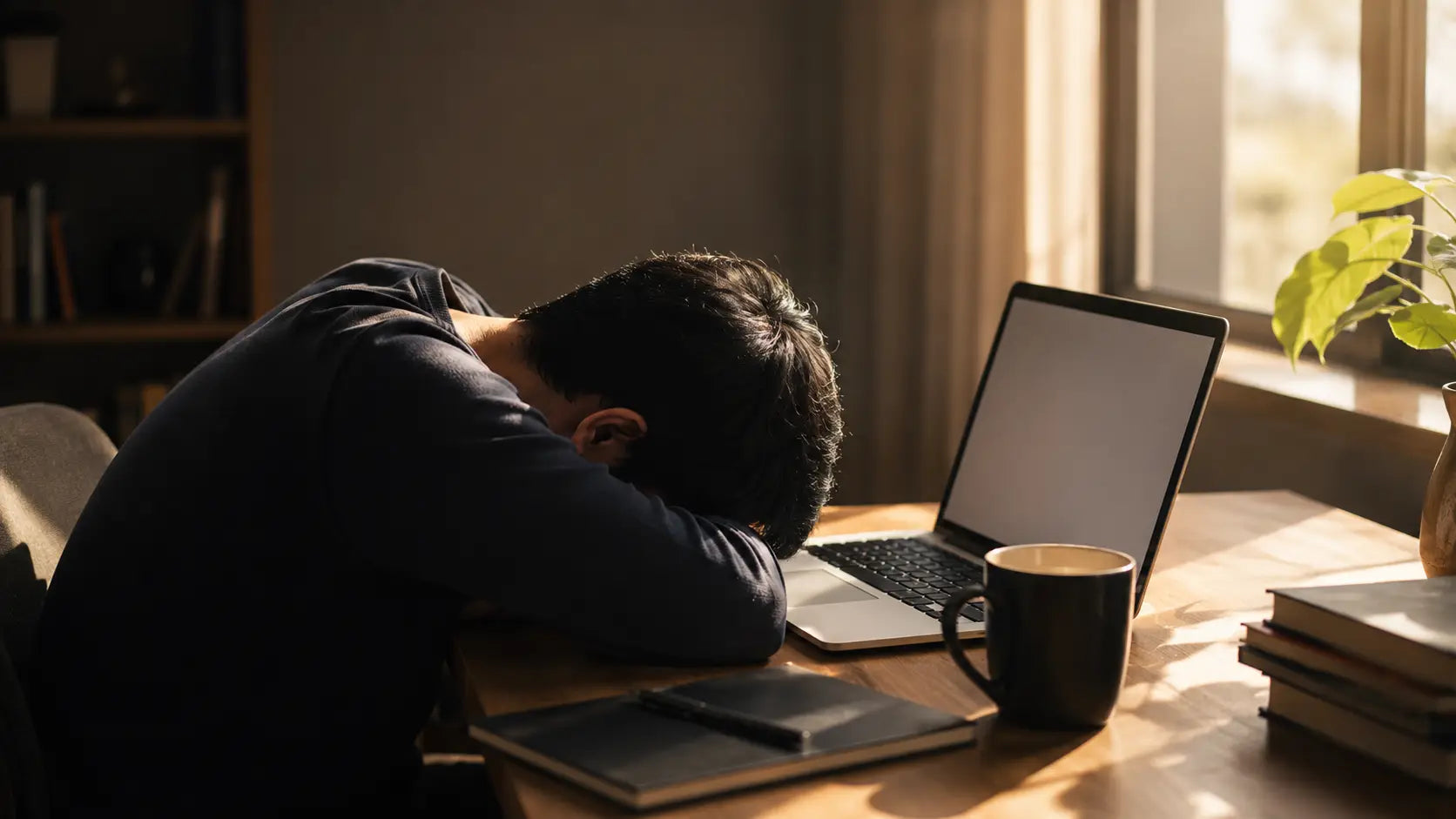A person sitting at a desk with their forehead resting on folded arms, an open laptop and untouched coffee beside them, warm afternoon light coming through a window
