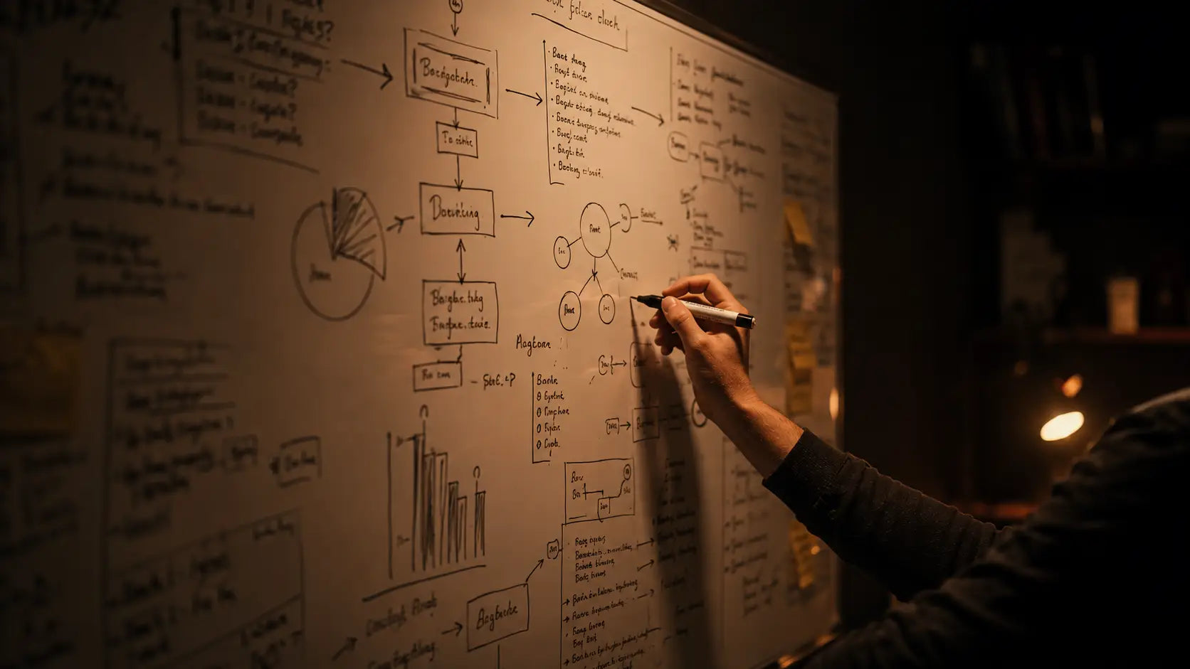 A whiteboard covered in clear diagrams and handwritten explanations with a hand mid-writing, symbolising the Feynman Technique of learning by teaching and explaining from first principles