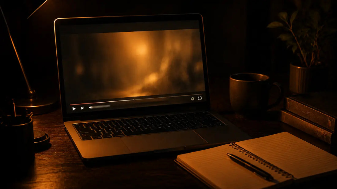 A glowing laptop screen showing a video player in a dark room with warm golden ambient light, representing learning from YouTube