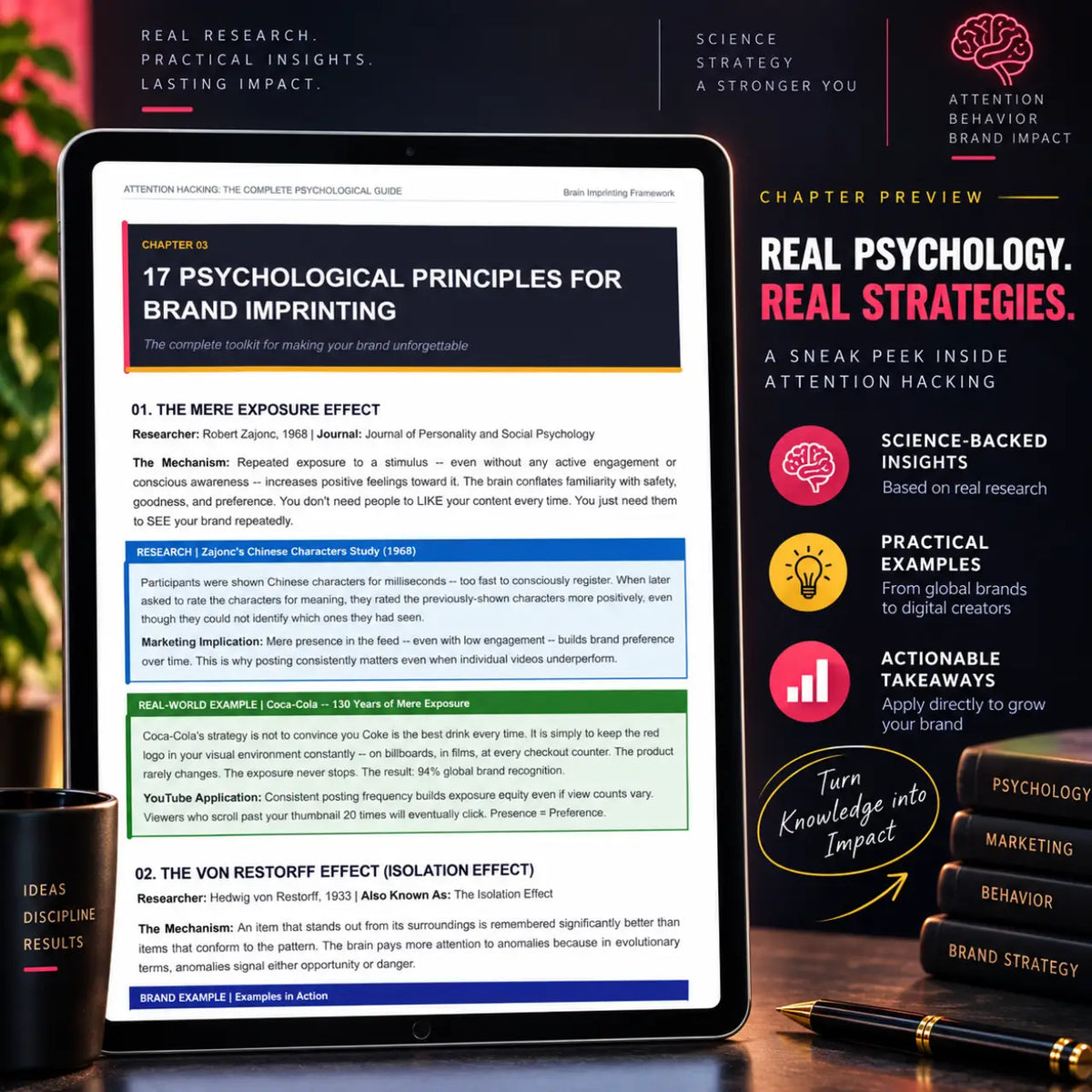 Attention Hacking ebook chapter preview featuring psychological principles for brand imprinting, real brand examples, attention strategies, and actionable marketing insights.