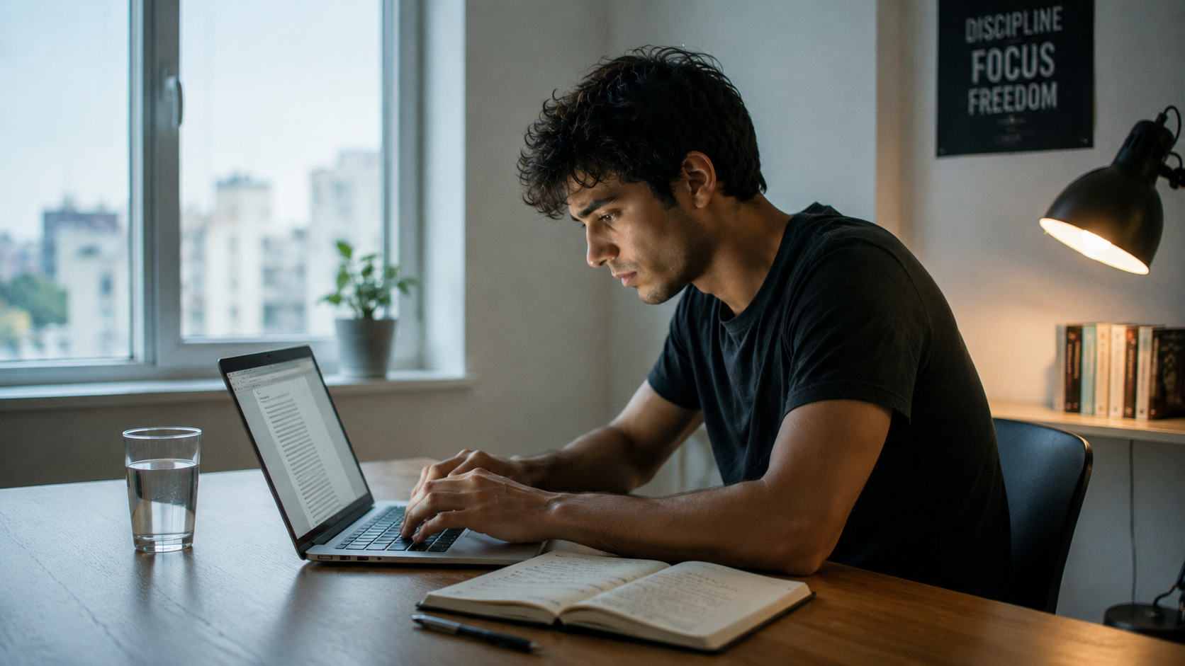 A man sits at a wooden desk in a bright room, working with full focus on a laptop with an open notebook in front of him. A glass of water, a lit desk lamp, and a window with city buildings outside are visible.