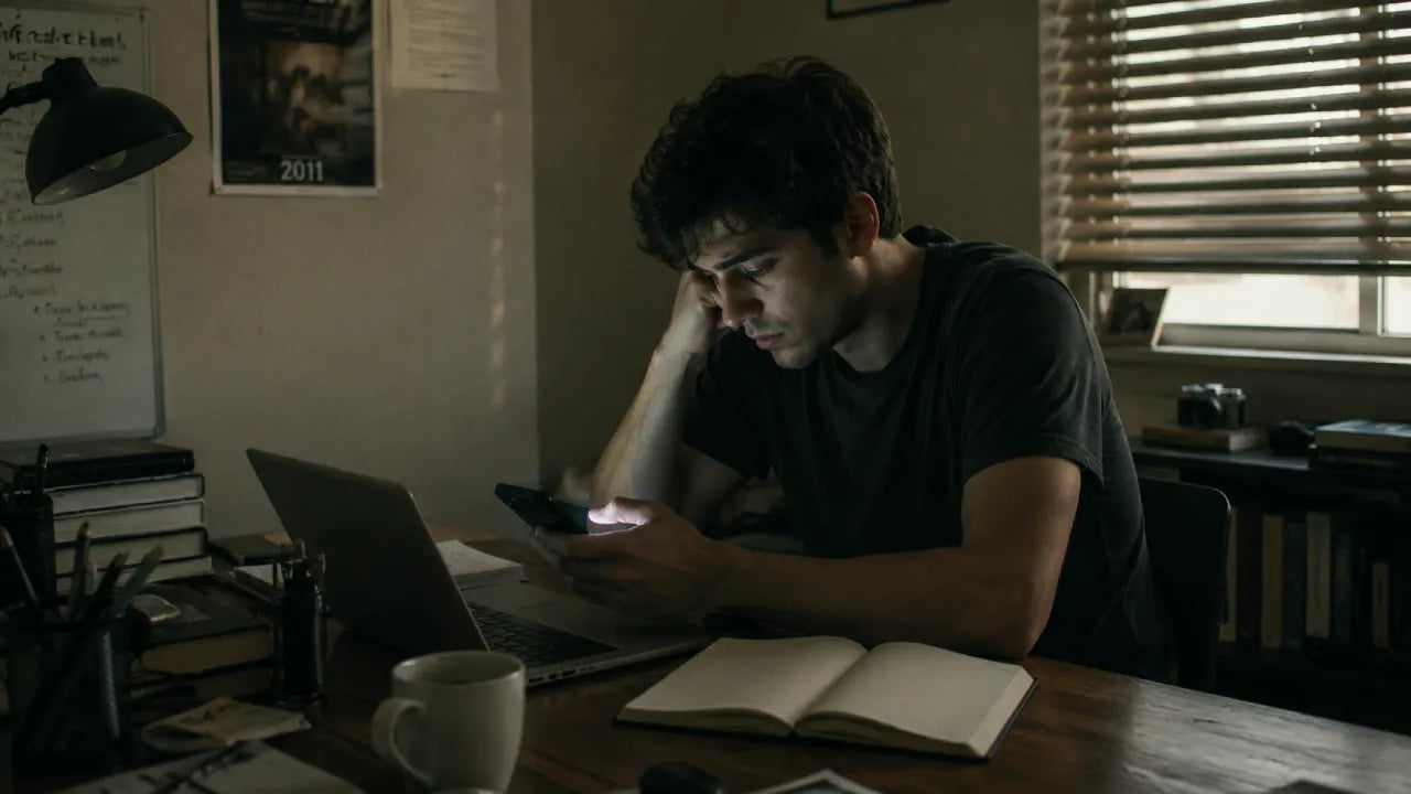 A man sits at a wooden desk in a dimly lit room, distracted by his smartphone glowing with notifications and looking down at a laptop and an open notebook, a white mug, books, and a lamp are visible on the desk representing inability to focus, with window blinds in the background.