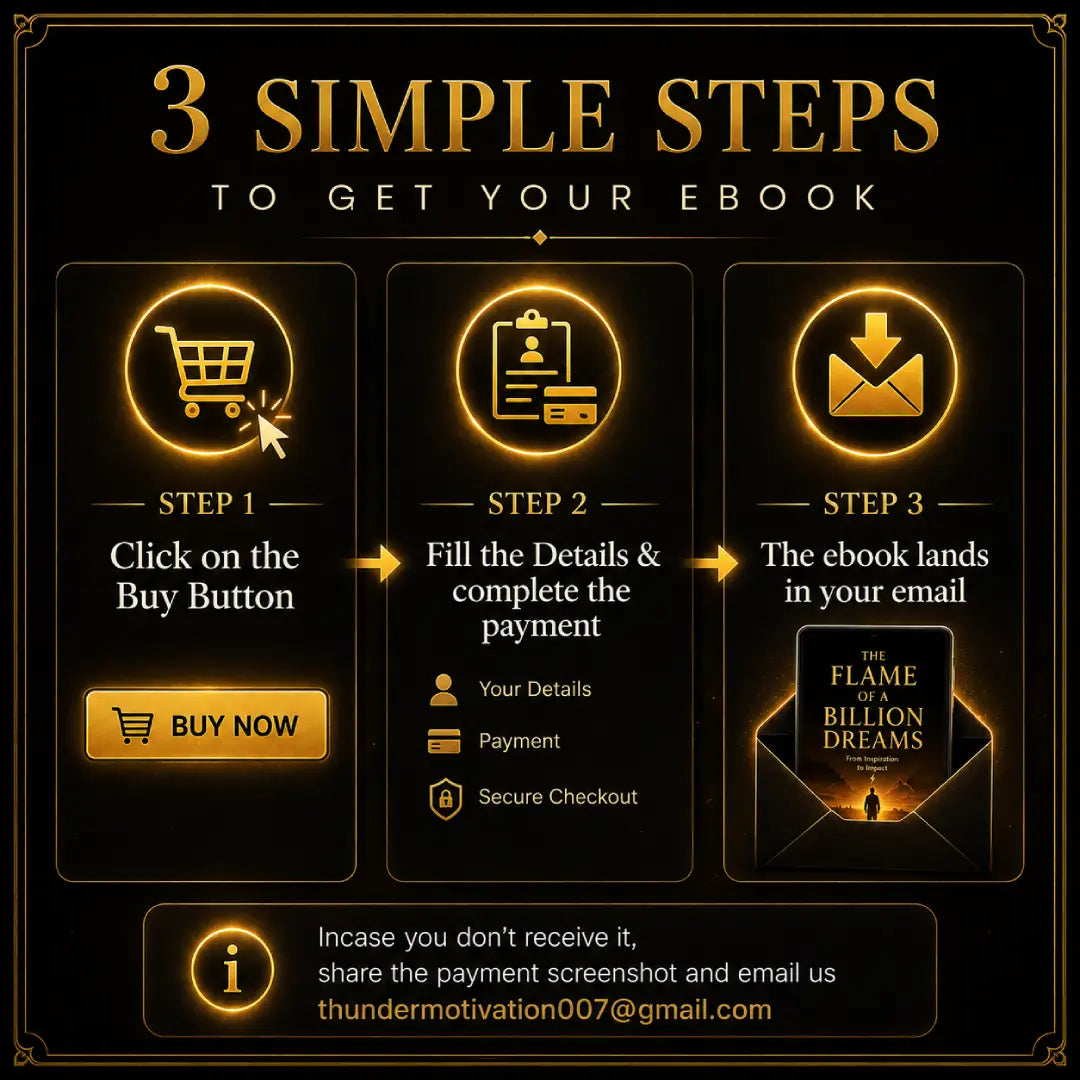 Promotional graphic with the headline '3 SIMPLE STEPS TO GET YOUR EBOOK' on a black background, showing three gold-outlined steps: clicking a buy button, filling payment details, and receiving the ebook in the email. A small book cover reading 'THE FLAME TO BILLION DREAMS' appears in Step 3.