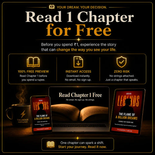 Promotional graphic for a free book chapter offer, featuring the headline 'Read 1 Chapter for Free' on a black background with gold and white text. Three feature callouts mention 100% free preview, instant download, and zero risk.