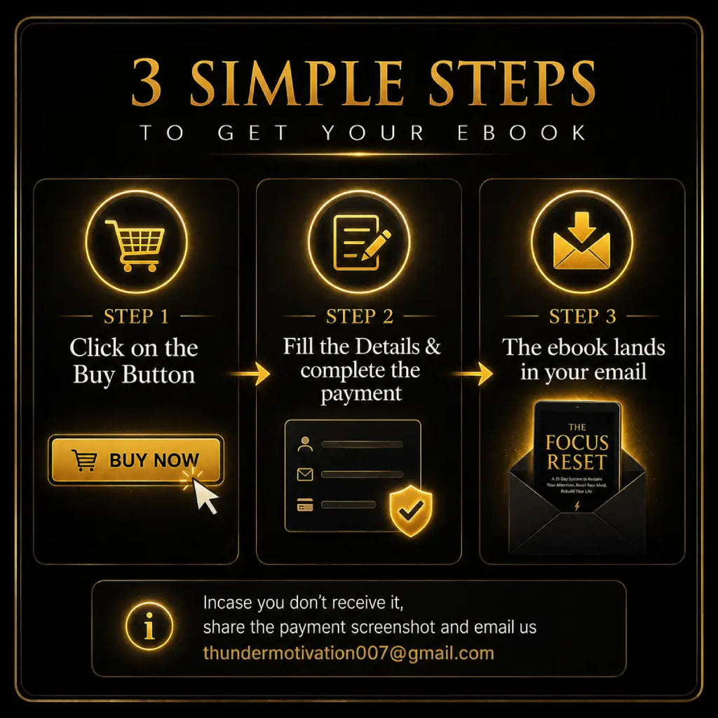 Promotional graphic with the headline '3 SIMPLE STEPS TO GET YOUR EBOOK' on a black background. Three glowing gold panels show a shopping cart, payment details, and an email download icon with text describing the purchase flow.