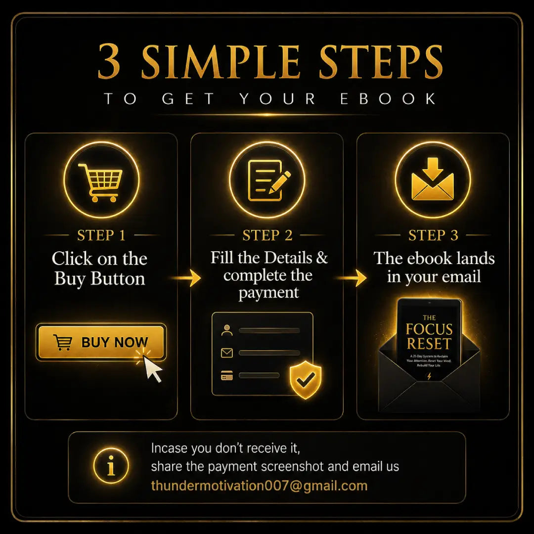 Promotional graphic with the headline '3 SIMPLE STEPS TO GET YOUR EBOOK' on a black background. Three glowing gold panels show a shopping cart, payment details, and an email download icon with text describing the purchase flow.