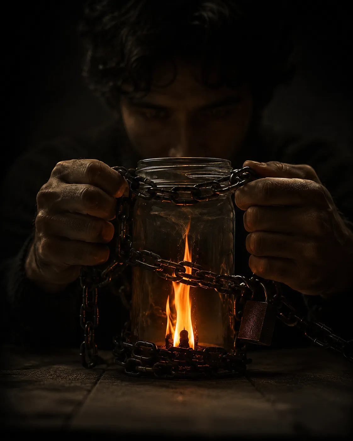 A person holds a clear glass jar with a bright orange fire inside, wrapped in dark metal chains and a small padlock, against a very dark background representing locked potential.